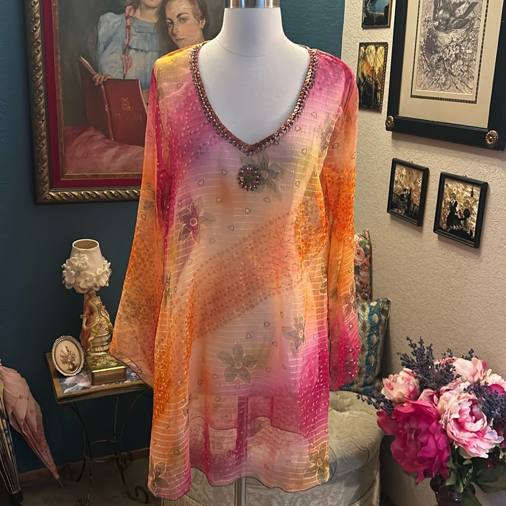 Sheer Orange & Fuchsia Sequined & Beaded Beach Coverup S/M